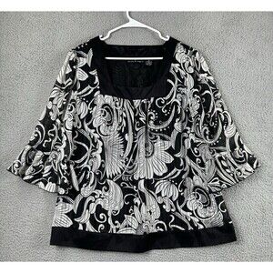 SEPARATES by NY City Design Blouse Womens XL Black White Floral 3/4 Sleeve Lined